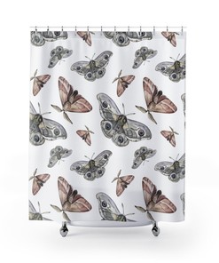 White Moth Watercolor Print Shower Curtain with Butterfly and Plant Decor for Boho Bathroom