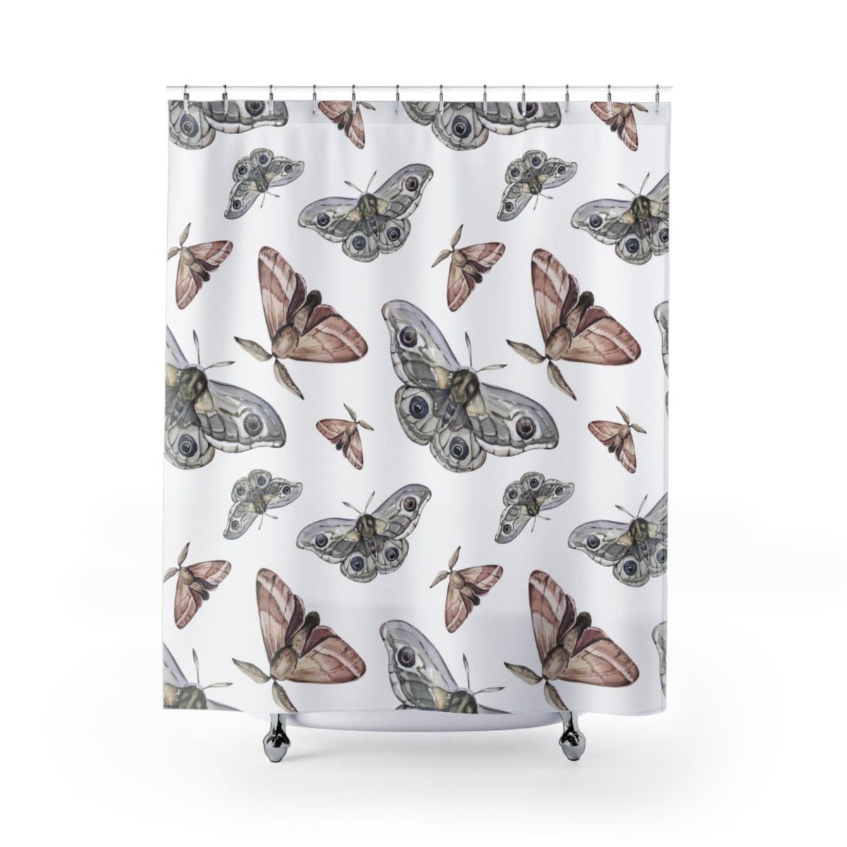 White Moth Watercolor Print Shower Curtain with Butterfly and Plant Decor for Boho Bathroom