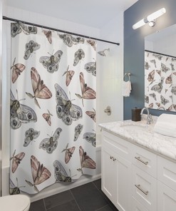 White Moth Watercolor Print Shower Curtain with Butterfly and Plant Decor for Boho Bathroom