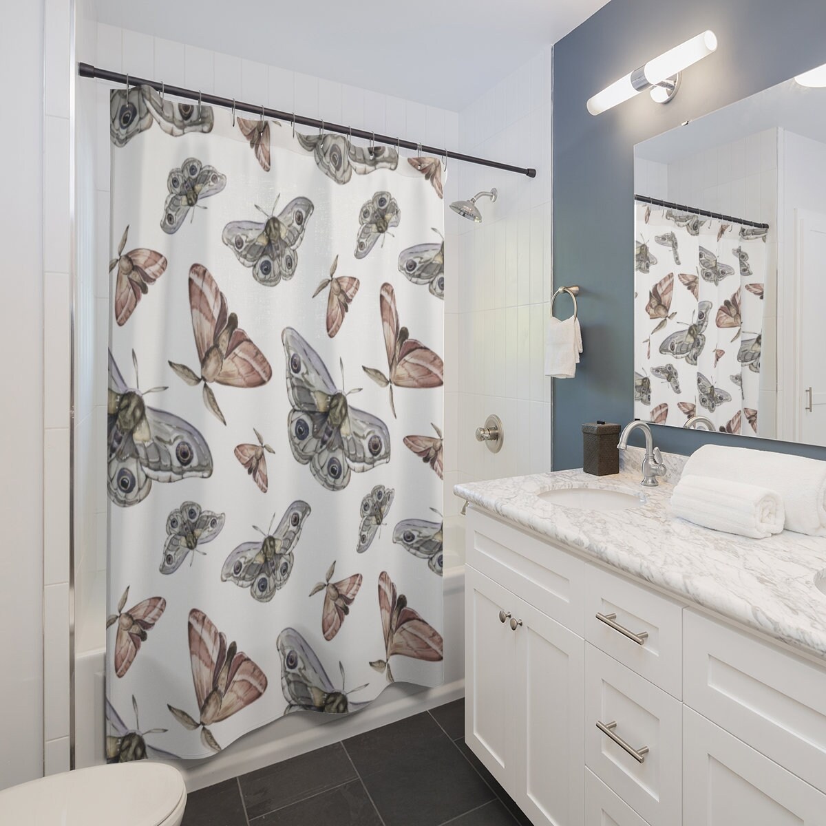 White Moth Watercolor Print Shower Curtain with Butterfly and Plant Decor for Boho Bathroom