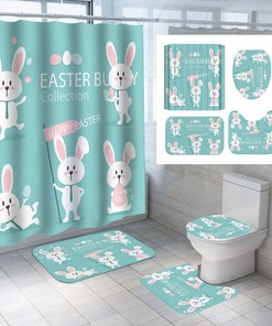 White Rabbit On Blue Waterproof Shower Curtain For A Cute Bathroom