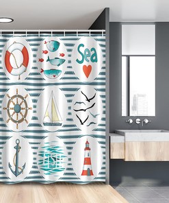 White Red Blue Sea Set Fishes Life Gulls Lighthouse Marine Inspired Maritime Theme Nautical Stall Shower Curtain