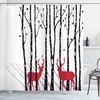 White Red Deer And Forest Shower Curtain, Antlers With Red Holiday Theme Flying Leaves Branch Reindeer