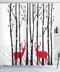 White Red Deer And Forest Shower Curtain, Antlers With Red Holiday Theme Flying Leaves Branch Reindeer