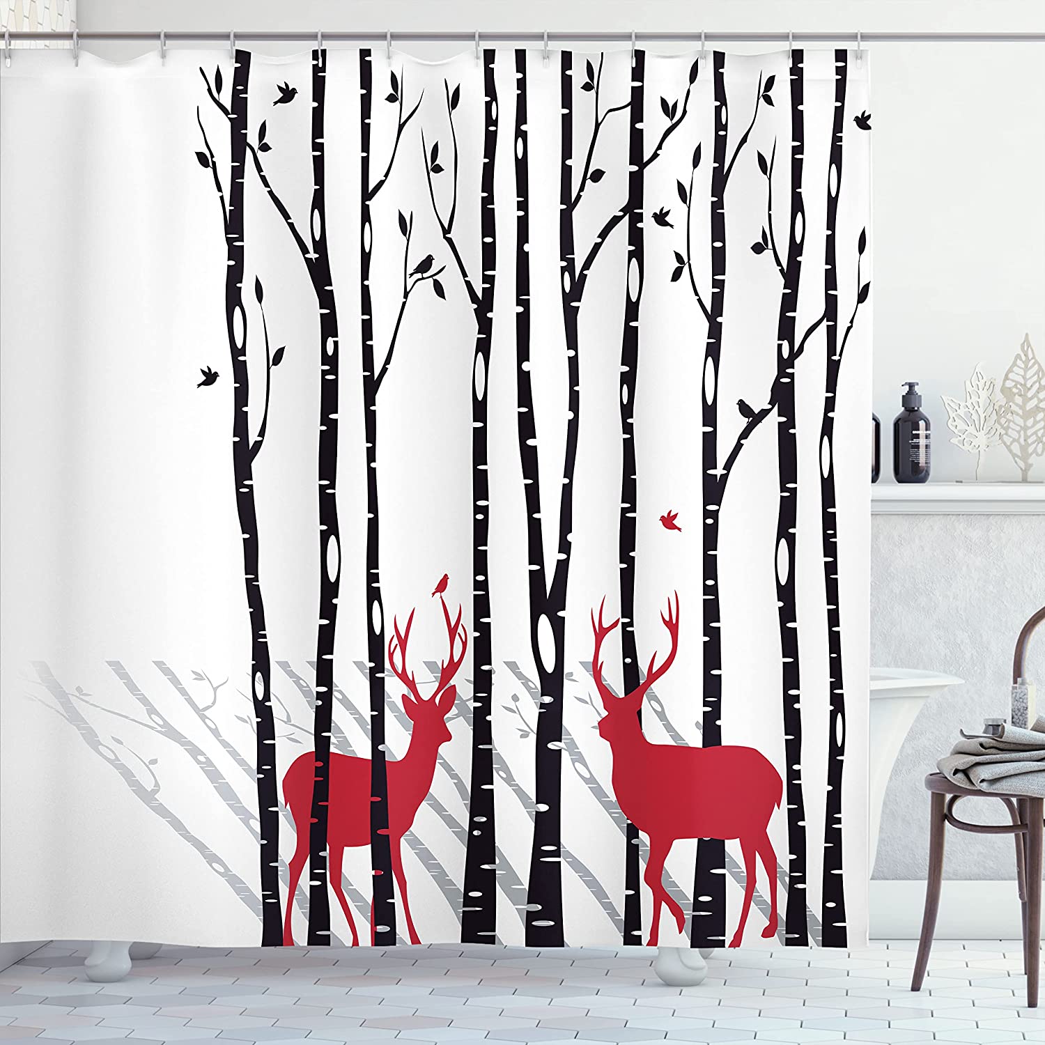 White Red Deer And Forest Shower Curtain, Antlers With Red Holiday Theme Flying Leaves Branch Reindeer
