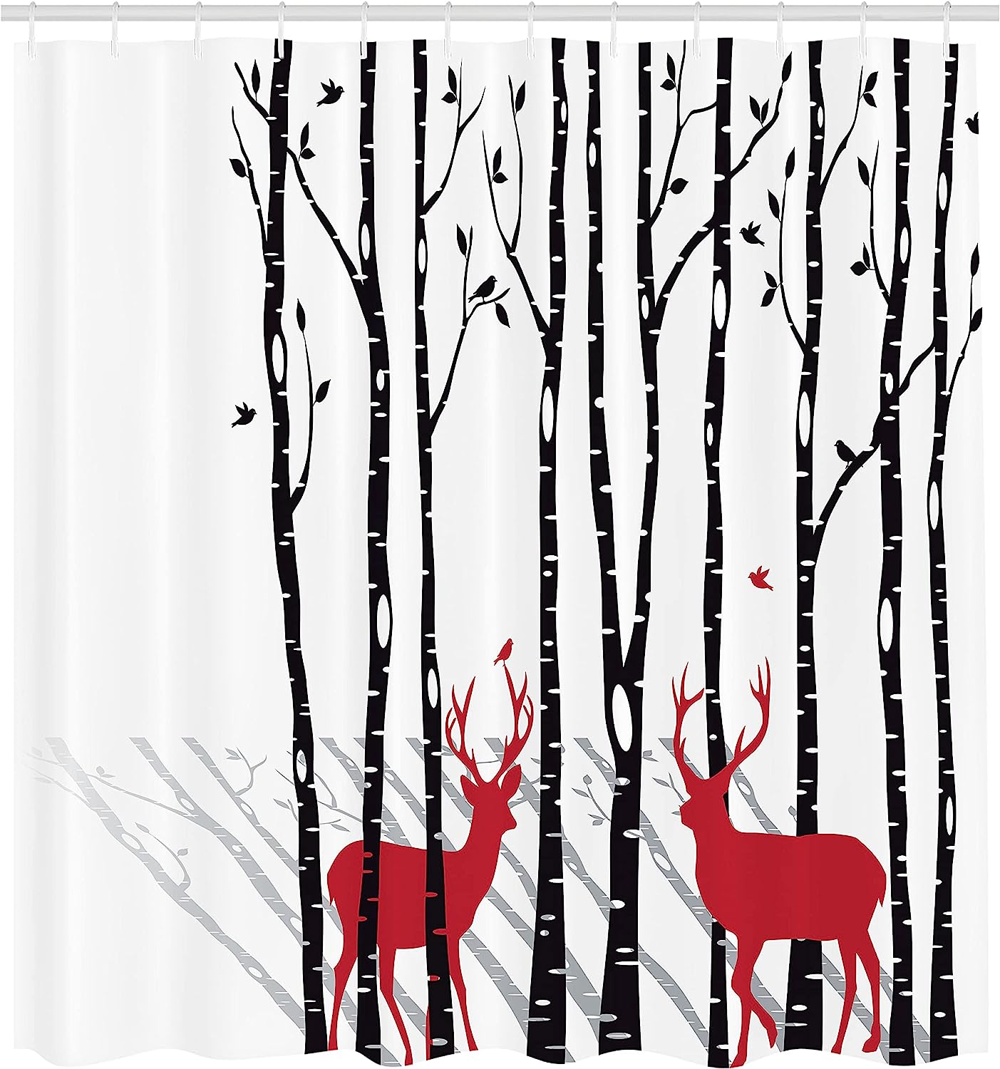 White Red Deer And Forest Shower Curtain, Antlers With Red Holiday Theme Flying Leaves Branch Reindeer - Image 2