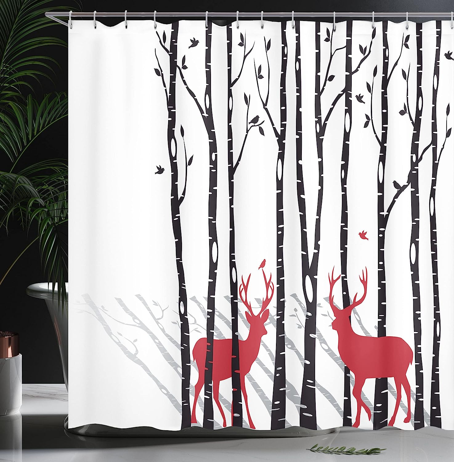 White Red Deer And Forest Shower Curtain, Antlers With Red Holiday Theme Flying Leaves Branch Reindeer - Image 3