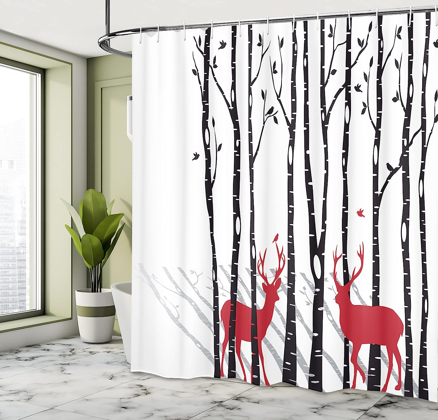 White Red Deer And Forest Shower Curtain, Antlers With Red Holiday Theme Flying Leaves Branch Reindeer - Image 4