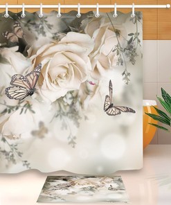 White Rose and Butterfly Fabric Shower Curtain - Waterproof for Bathroom Hooks