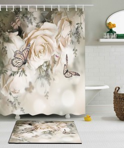 White Rose and Butterfly Fabric Shower Curtain - Waterproof for Bathroom Hooks