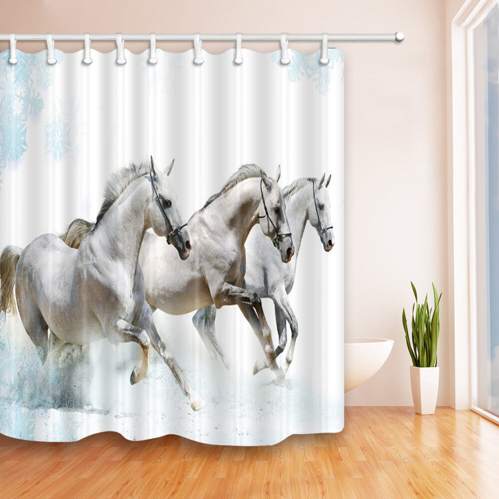 White Running Horse Shower Curtain in Animal Print Waterproof Fabric