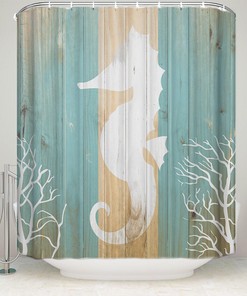 White Seahorse Shape on Wood Plank Backdrop Ocean Shower Curtain for Bathroom Decors 