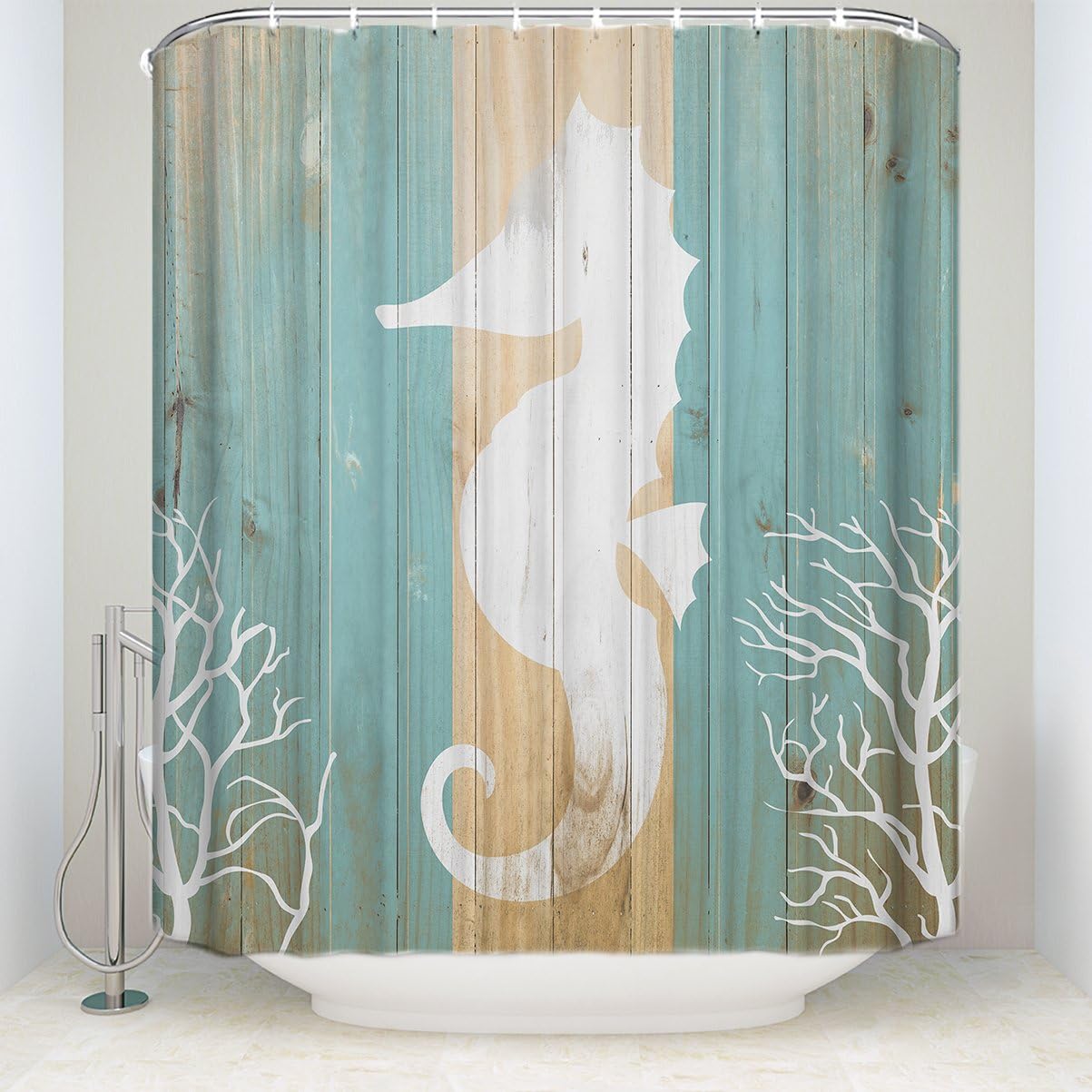 White Seahorse Shape on Wood Plank Backdrop Ocean Shower Curtain for Bathroom Decors