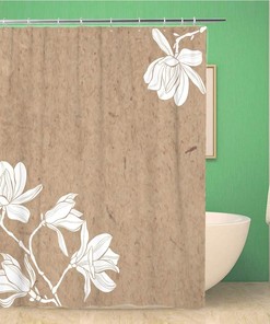White Silhouettes of Magnolia Flowers on Kraft Shower Curtain