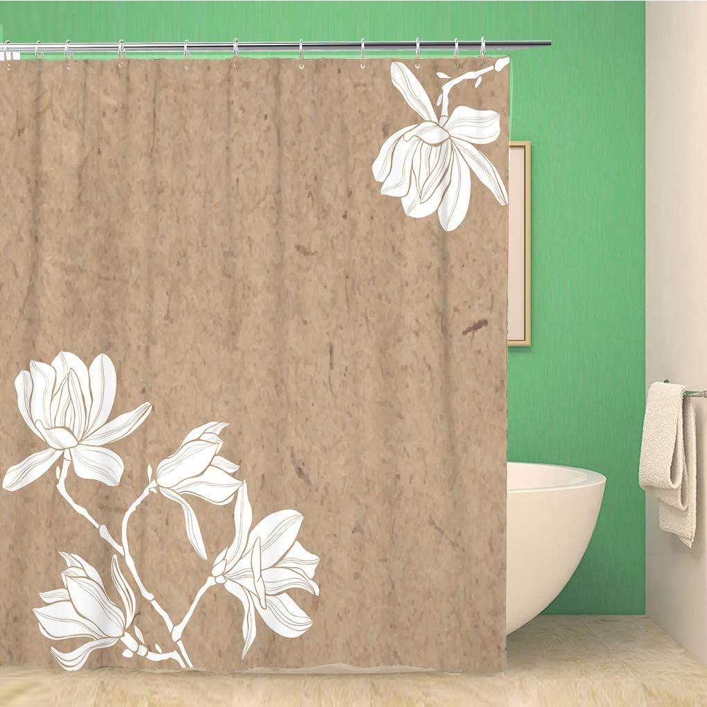 White Silhouettes of Magnolia Flowers on Kraft Shower Curtain