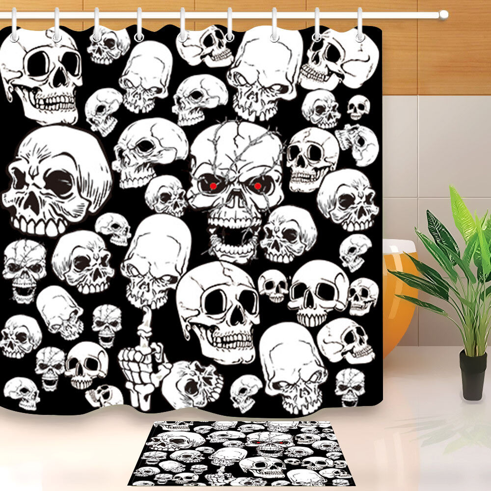 White Skull Shower Curtain - Waterproof Fabric For Halloween Bathroom