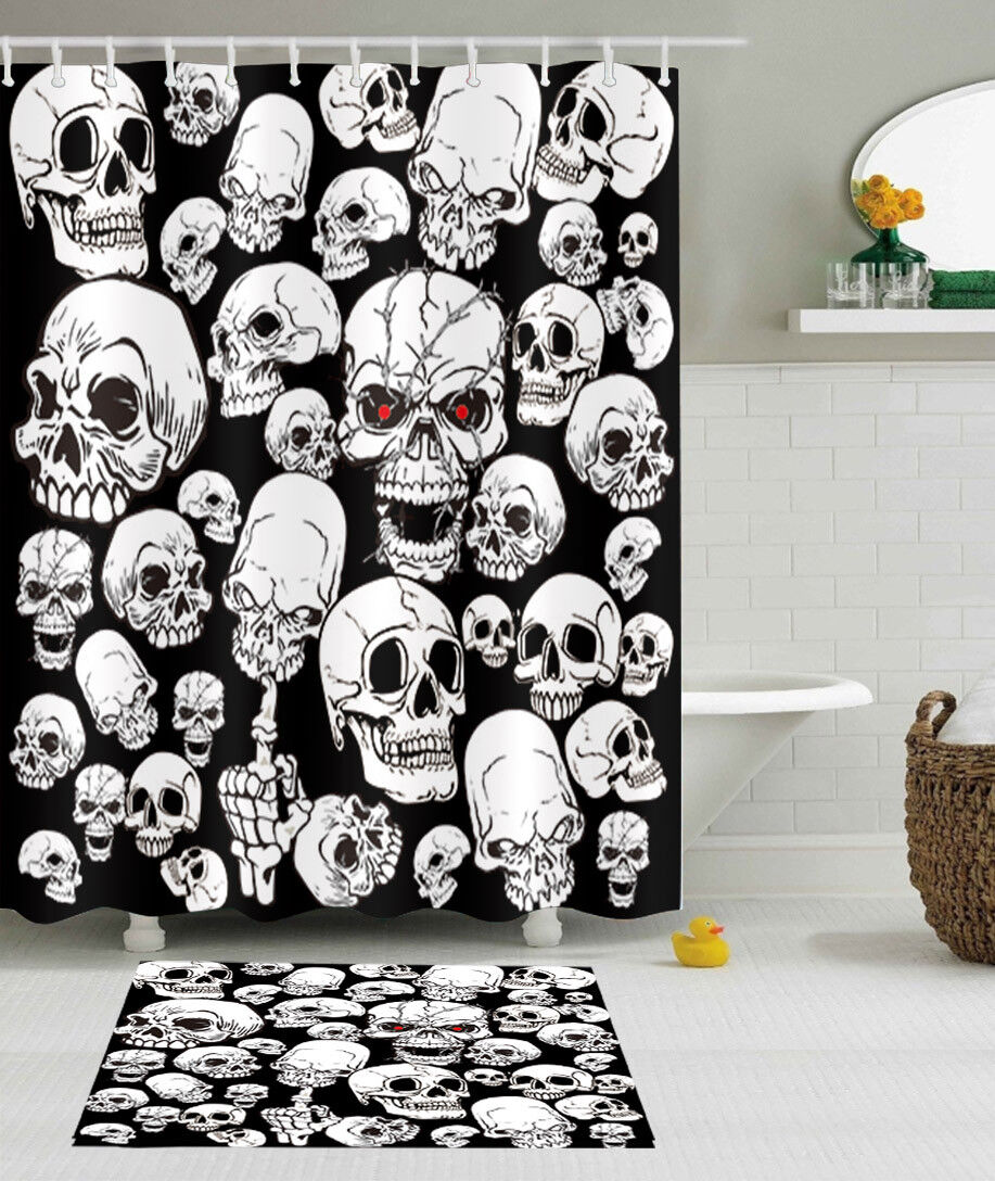 White Skull Shower Curtain - Waterproof Fabric For Halloween Bathroom
