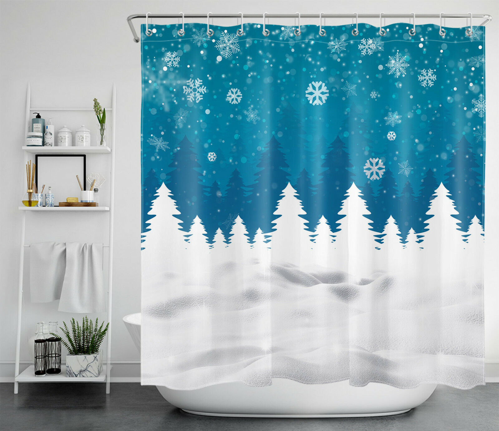 White Snow Forest Shower Curtain - Winter Wonderland Bathroom Accessory - Image 2