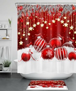 White Snow Gold Star Christmas Shower Curtain for a Festive Bathroom