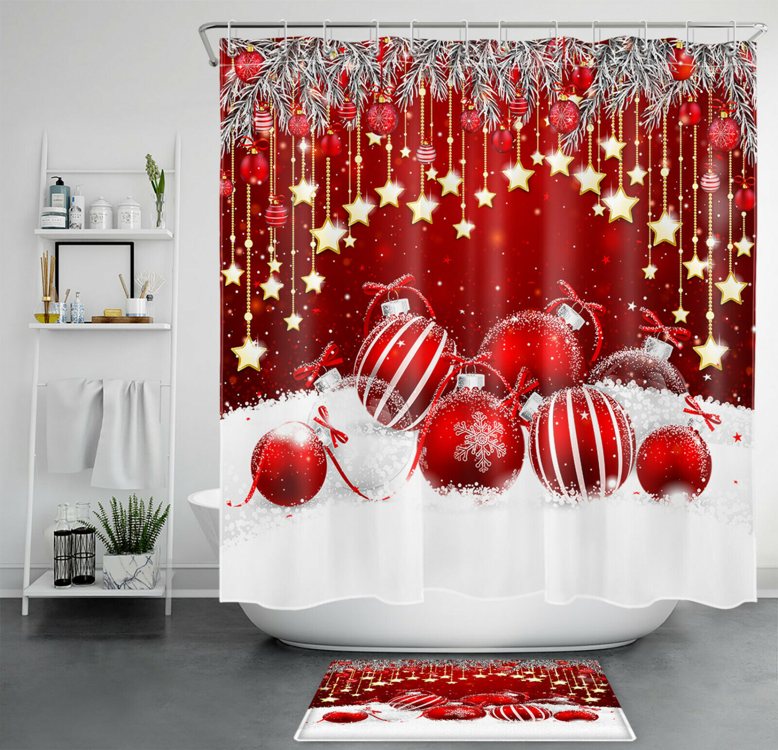 White Snow Gold Star Christmas Shower Curtain for a Festive Bathroom