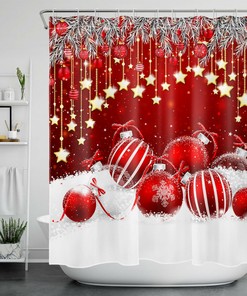 White Snow Gold Star Christmas Shower Curtain for a Festive Bathroom
