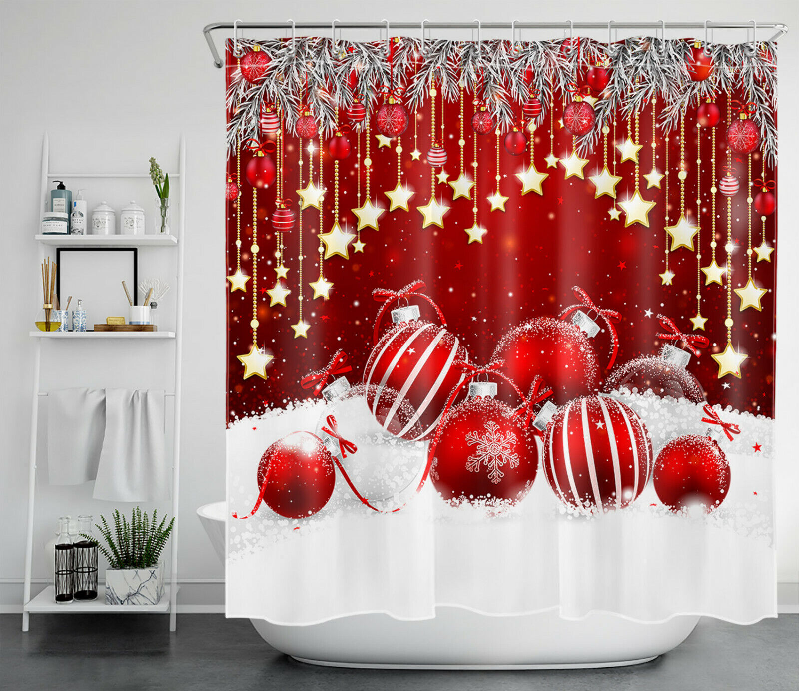 White Snow Gold Star Christmas Shower Curtain for a Festive Bathroom
