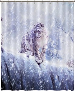 White Snow Scene Shower Curtain with Leopard Print for a Winter Bathroom