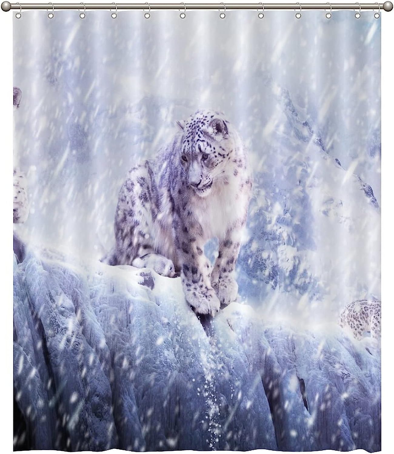 White Snow Scene Shower Curtain with Leopard Print for a Winter Bathroom