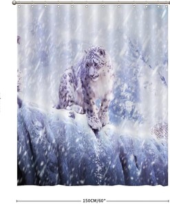 White Snow Scene Shower Curtain with Leopard Print for a Winter Bathroom