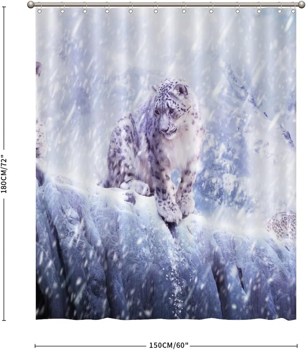 White Snow Scene Shower Curtain with Leopard Print for a Winter Bathroom