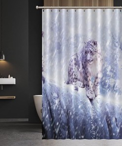 White Snow Scene Shower Curtain with Leopard Print for a Winter Bathroom