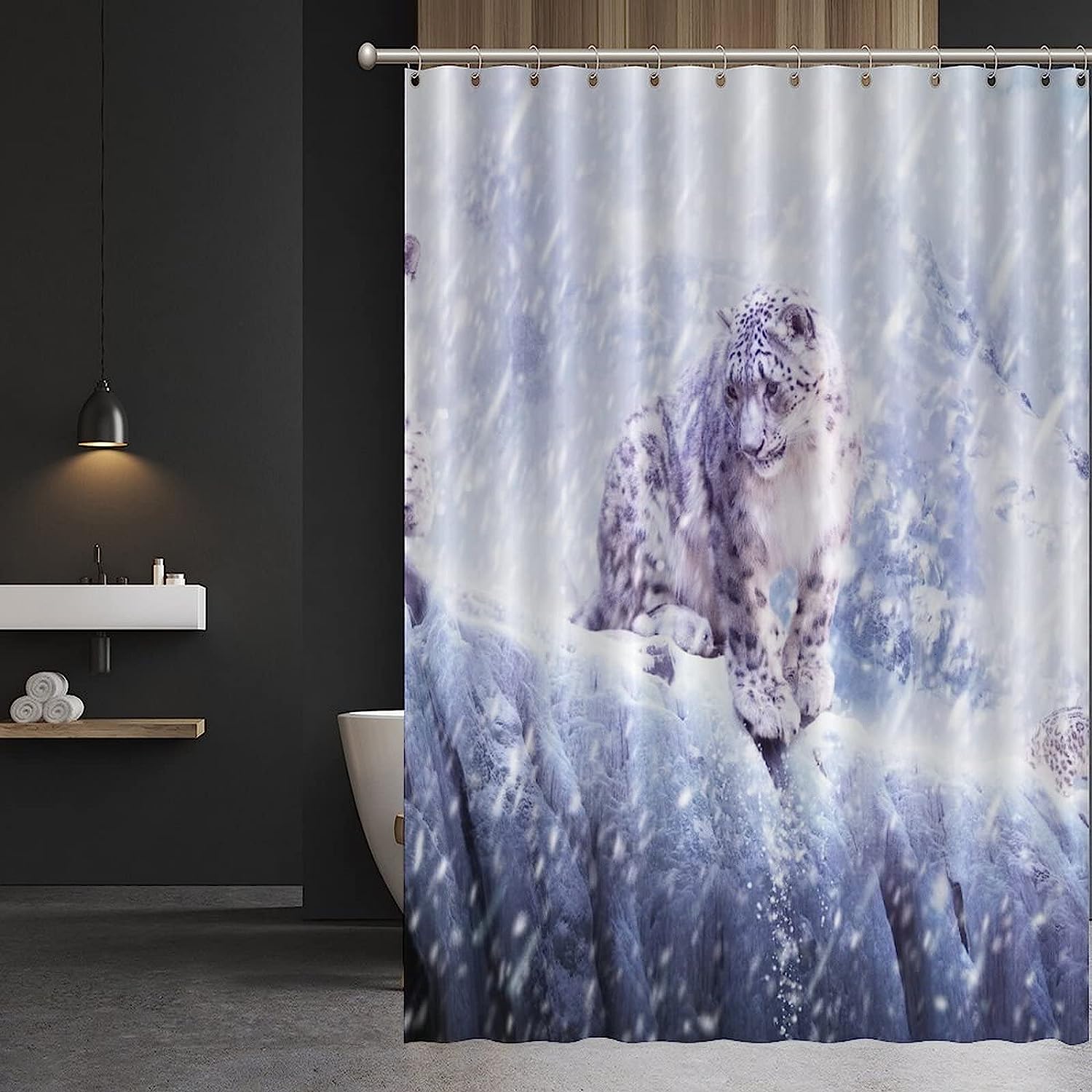 White Snow Scene Shower Curtain with Leopard Print for a Winter Bathroom