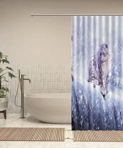 White Snow Scene Shower Curtain with Leopard Print for a Winter Bathroom