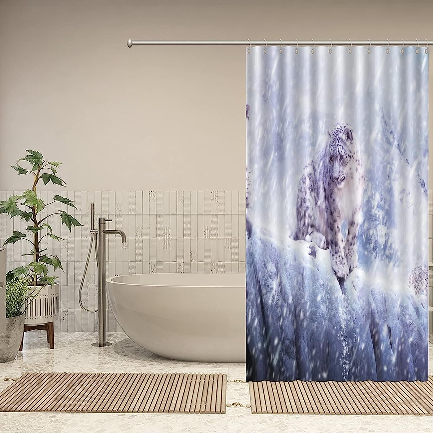 White Snow Scene Shower Curtain with Leopard Print for a Winter Bathroom