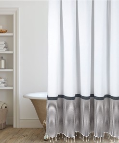 White Striped Tassel Print Shower Curtain for Modern Farmhouse Bathroom Decor