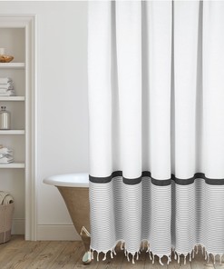 White Striped Tassel Print Shower Curtain for Modern Farmhouse Bathroom Decor
