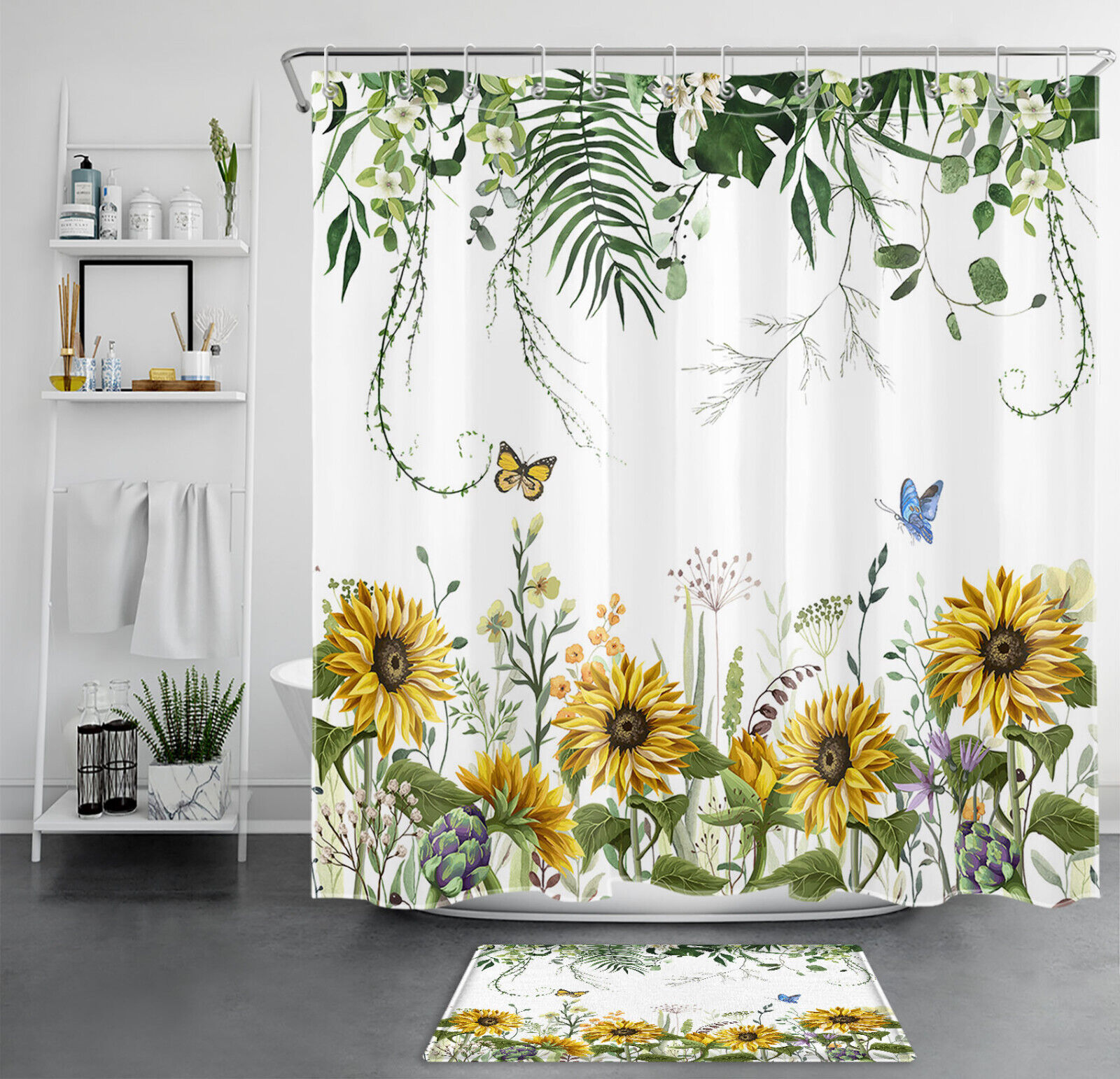 White Sunflower Butterfly Plant Leaf Shower Curtain Set - Botanical Bathroom Decor