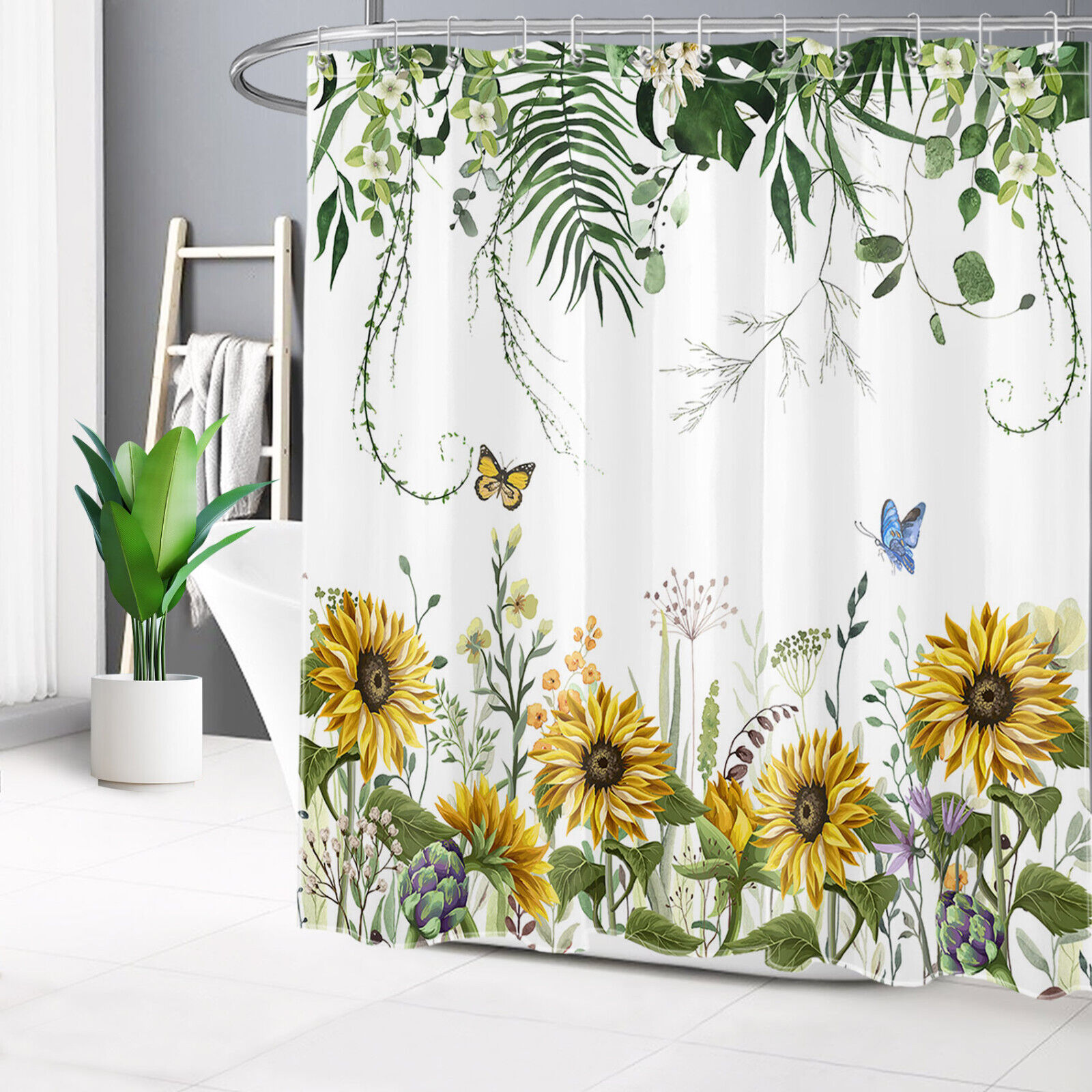 White Sunflower Butterfly Plant Leaf Shower Curtain Set - Botanical Bathroom Decor - Image 2