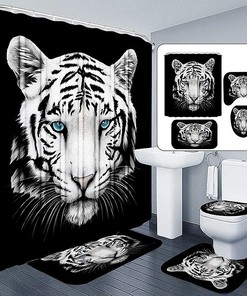 White Tiger Animal Print Shower Curtain Toilet Mat Lid