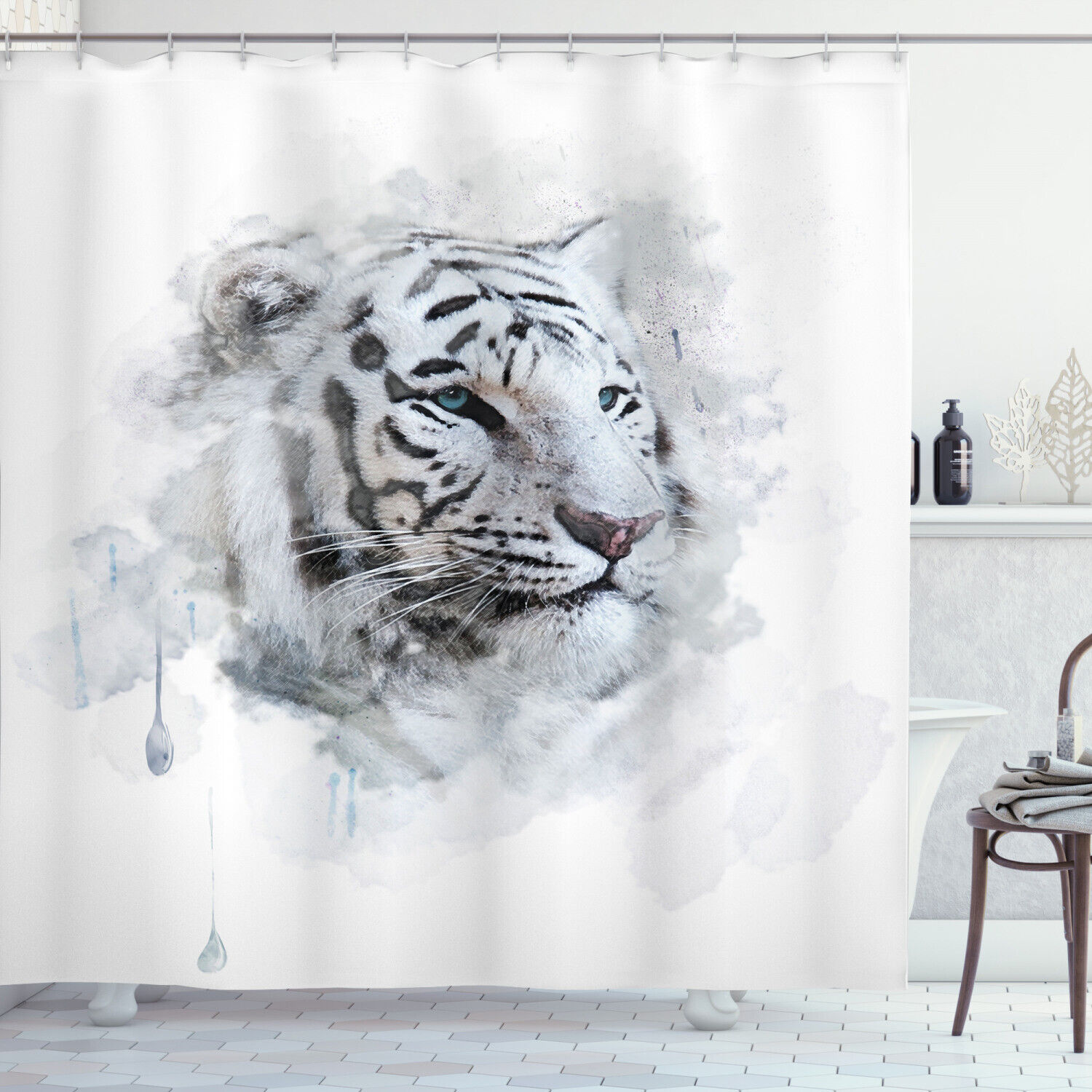 White Tiger Portrait Print Animal Shower Curtain For Bathroom Decor