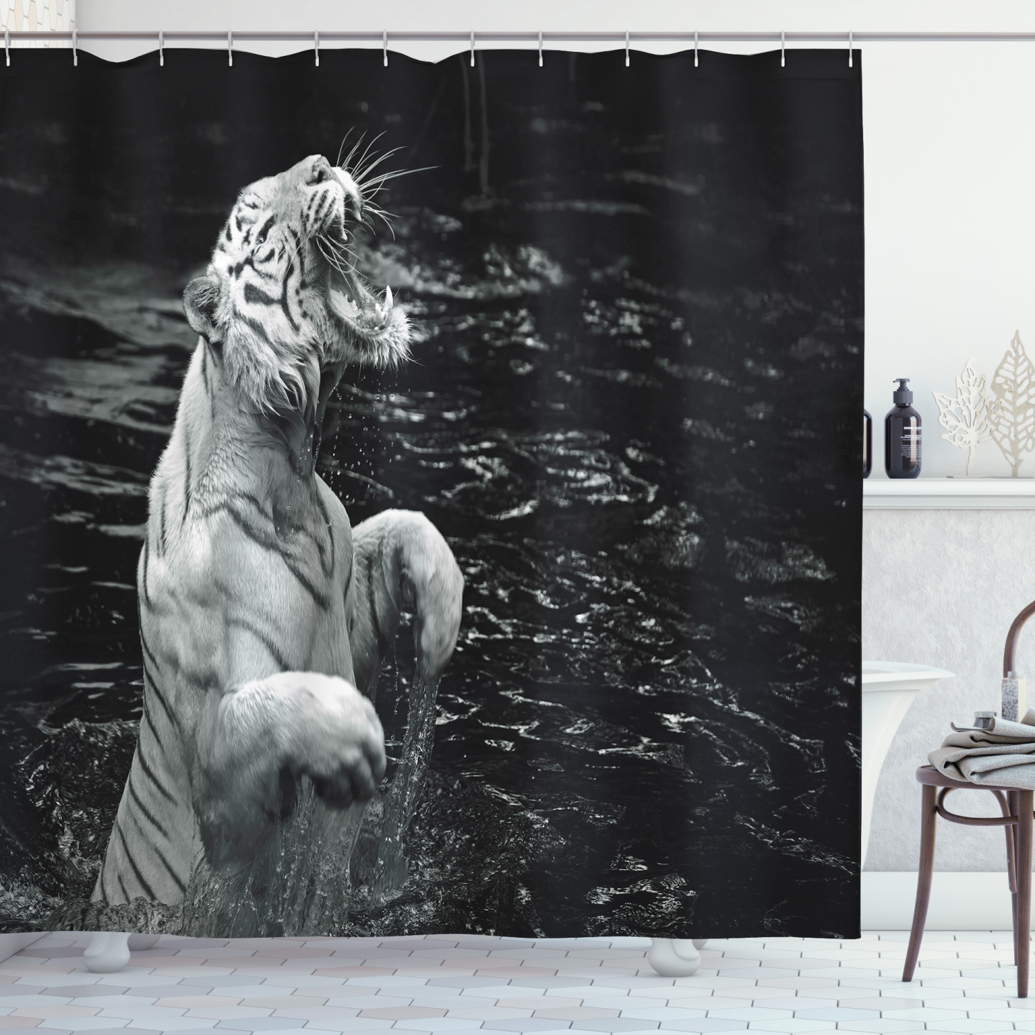 White Tiger Print Shower Curtain For Bathroom