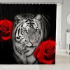 White Tiger Shower Curtain - Red Rose Flower Design - Fierce And Strong For Your Bathroom