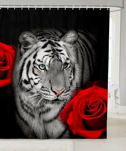 White Tiger Shower Curtain - Red Rose Flower Design - Fierce And Strong For Your Bathroom