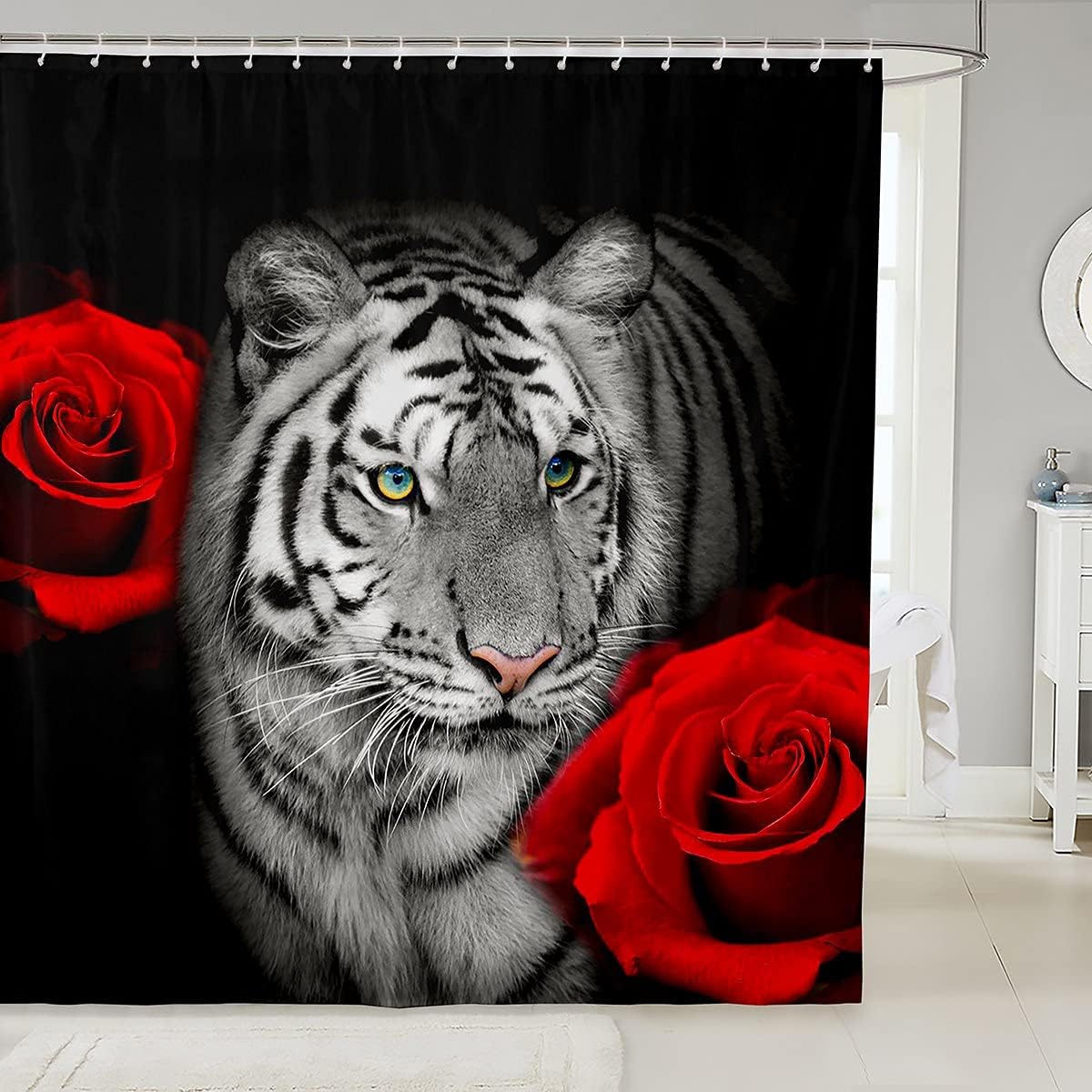 White Tiger Shower Curtain - Red Rose Flower Design - Fierce And Strong For Your Bathroom