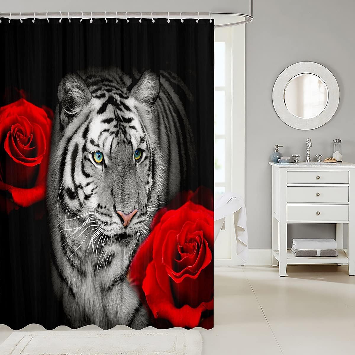 White Tiger Shower Curtain - Red Rose Flower Design - Fierce And Strong For Your Bathroom - Image 2