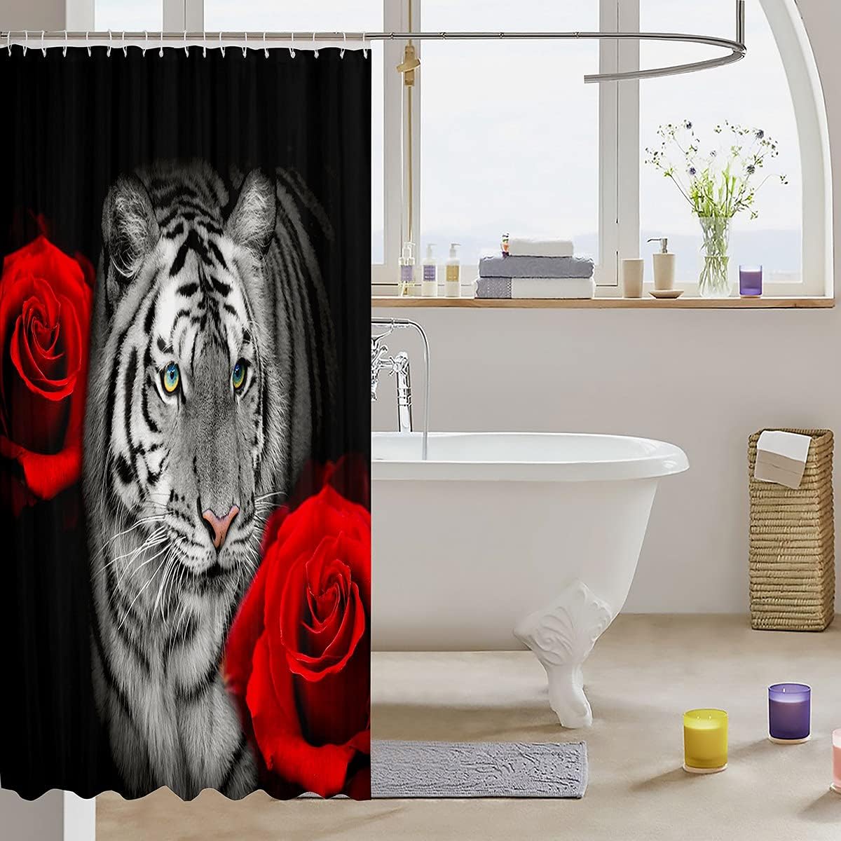 White Tiger Shower Curtain - Red Rose Flower Design - Fierce And Strong For Your Bathroom - Image 3