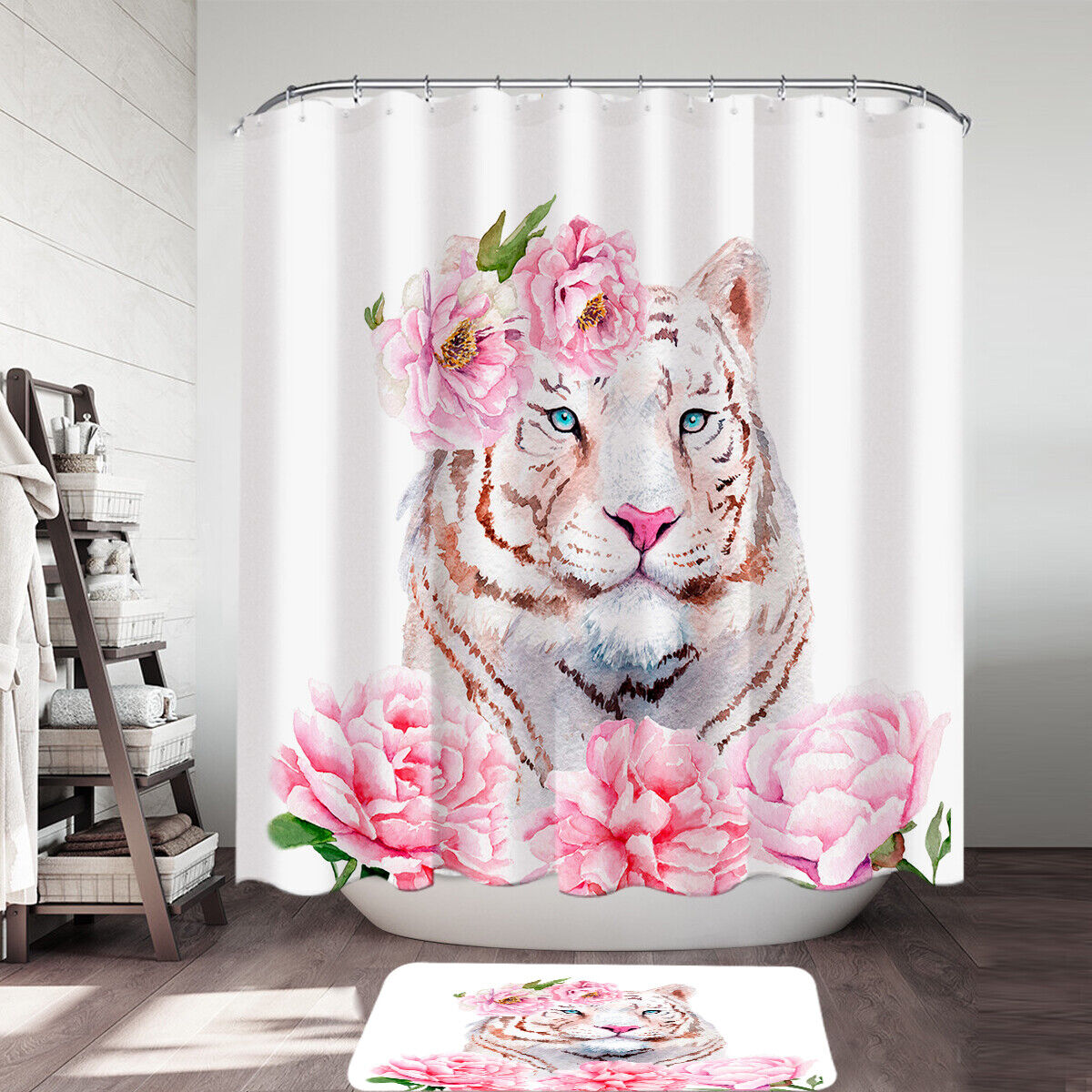 White Tiger Shower Curtain with Animal Print Design, Exotic Bathroom Decor