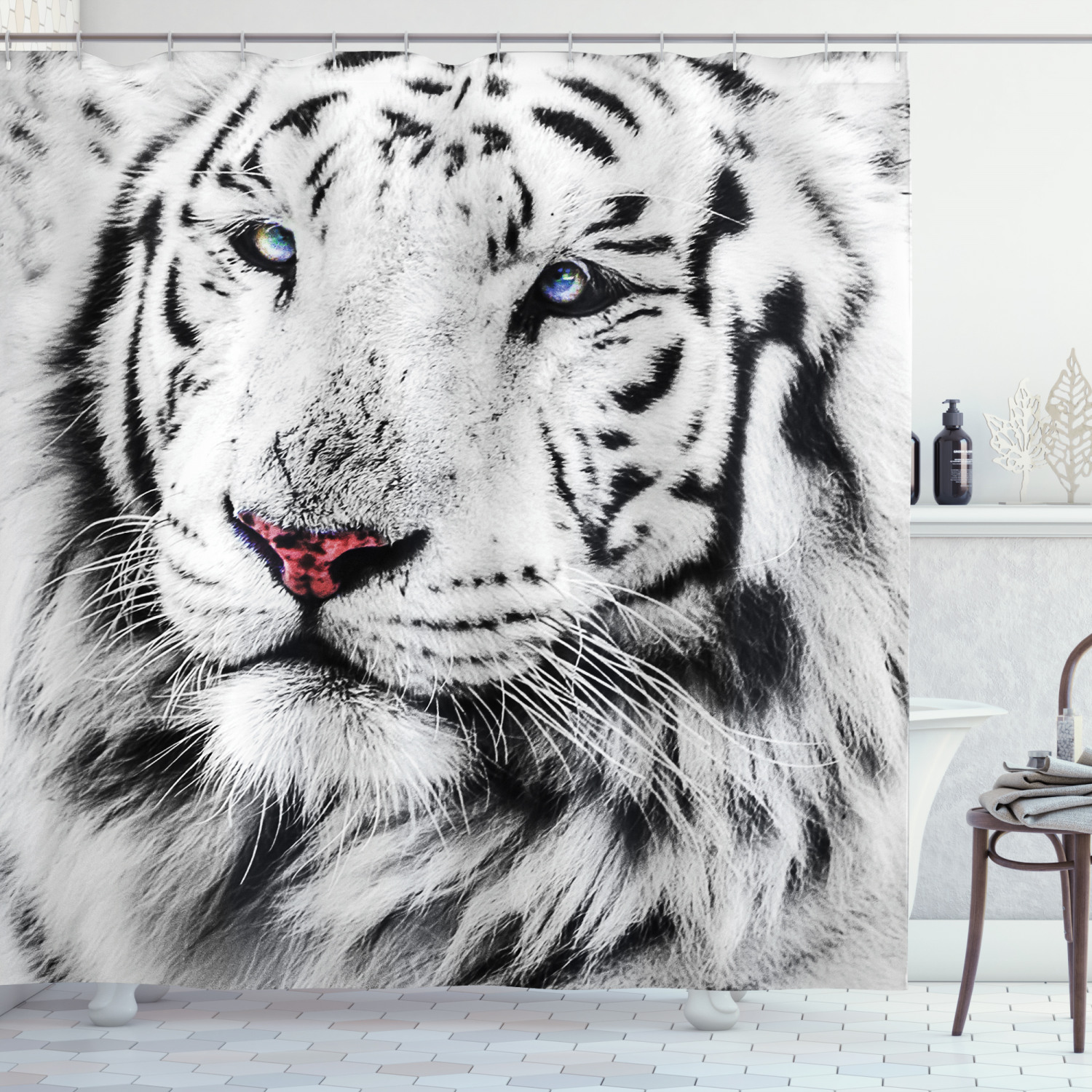 White Tiger Winter Rare Wild Cat Eyes Shower Curtain, Eye-catching and Beautiful Bathroom Accessory