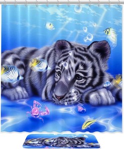 White Tiger and Fishes Waterproof Shower Curtain, Beautiful and Unusual Bathroom Accessory, Unique Design