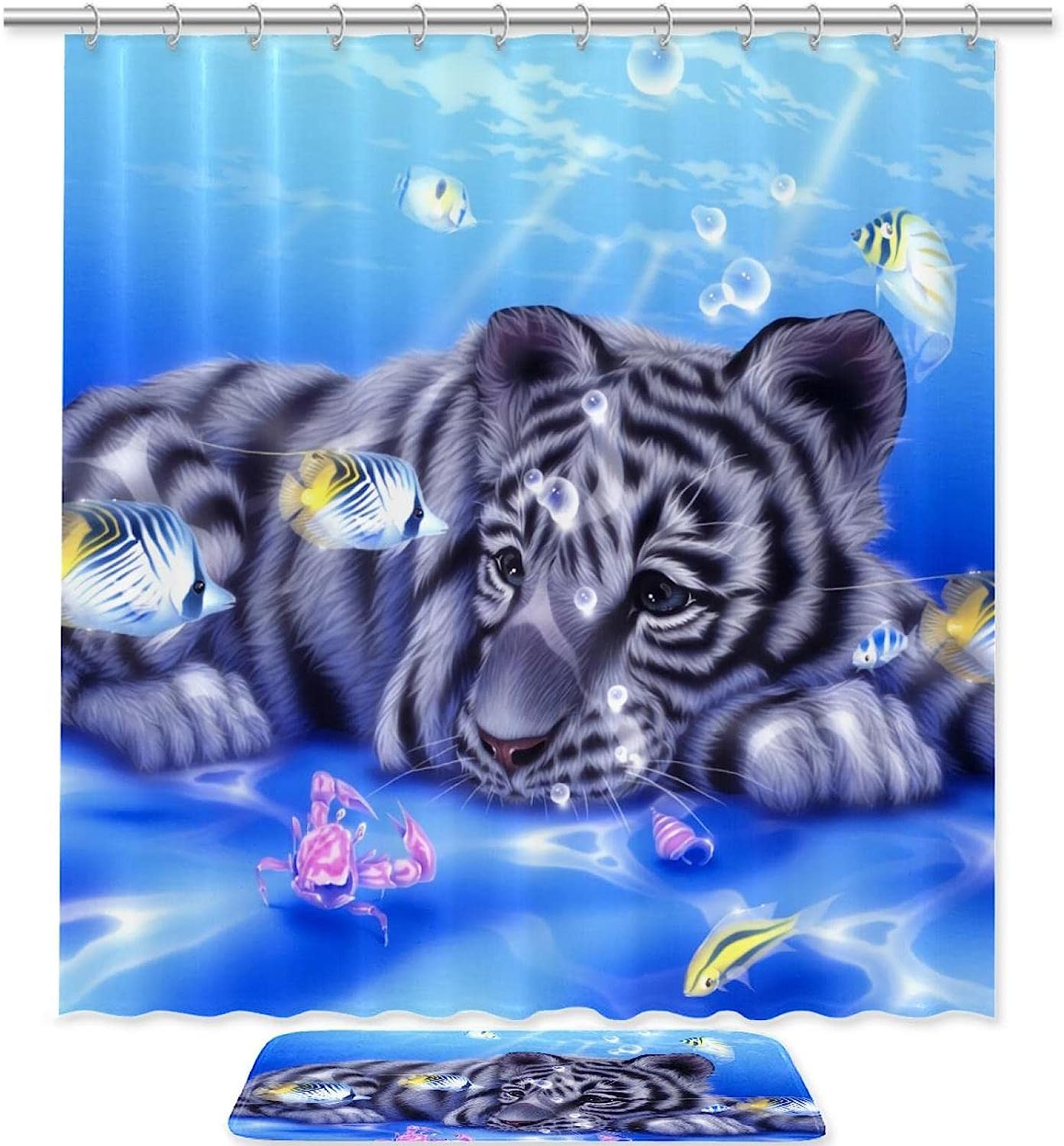 White Tiger and Fishes Waterproof Shower Curtain, Beautiful and Unusual Bathroom Accessory, Unique Design